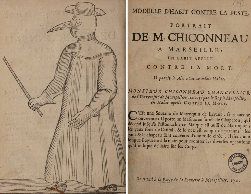 Both sides of a broadsheet with doctor Chicoyneau in his plague dress.