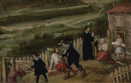 Doctor, surgeon and priest visiting a plague-struck house
