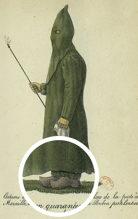 Plague surgeon wearing wooden clogs, Marseille 1819