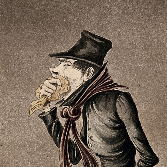 Caricature of man holding kerchief against his mouth against smog