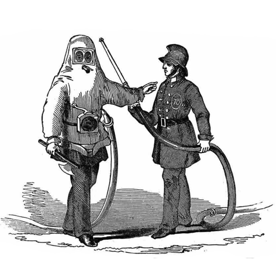 Two firefighters one dressed in smokeproof dress