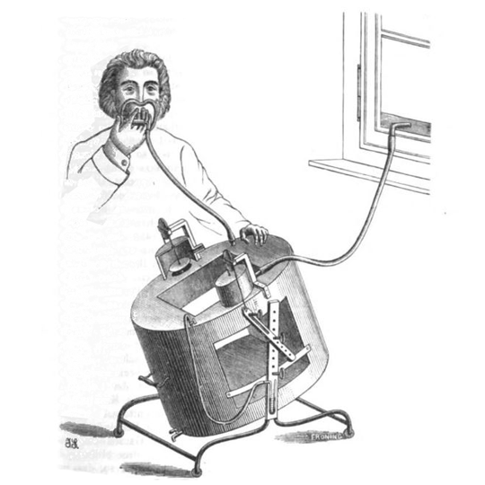 Man demosntrating apparatus for breathing air from outside