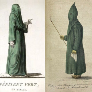 Penitent and plague surgeon from Marseille, both in green robe and hood