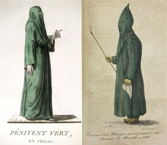 Plague surgeon and penitent both wearing green robes and hoods.