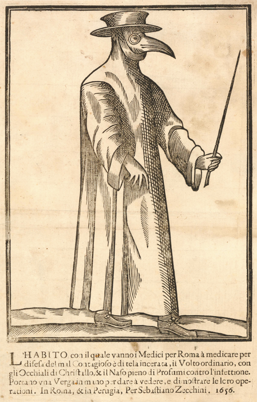 Woodcut by Sebastiano Zecchini of plague doctor from Rome in 1656, wearing protective clothing with mask.