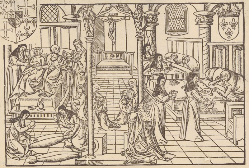 Woodcut showing interior of the Hotel-Dieu in Paris, with nuns and monks attending to the sick and dead.