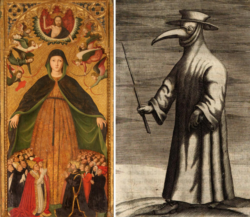 Madonna della Misericordia and Plague Doctor juxtaposed